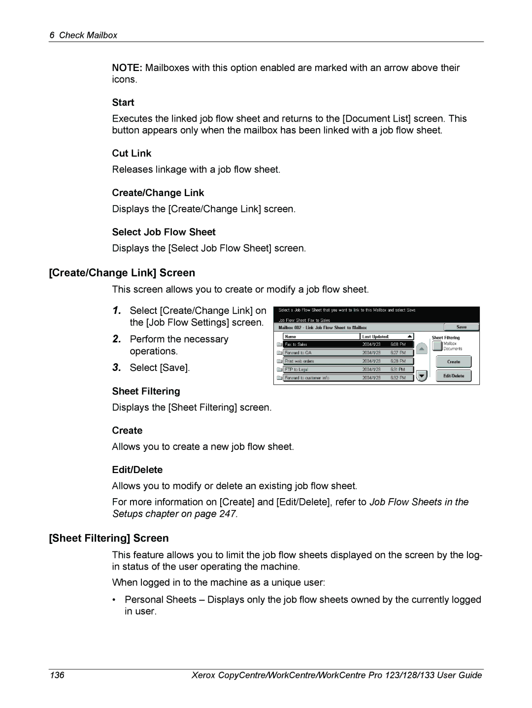 Xerox 604P18057 manual Create/Change Link Screen, Sheet Filtering Screen 