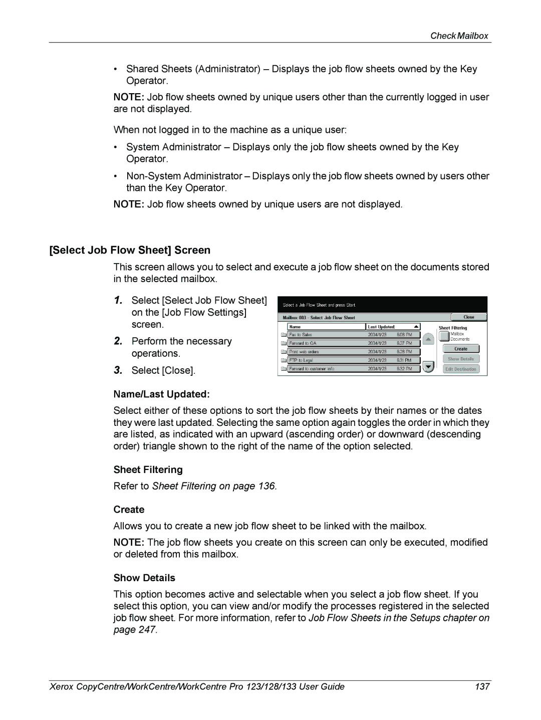 Xerox 604P18057 manual Select Job Flow Sheet Screen, Name/Last Updated 