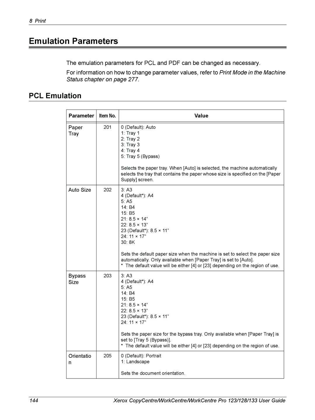 Xerox 604P18057 manual Emulation Parameters, PCL Emulation, Value 