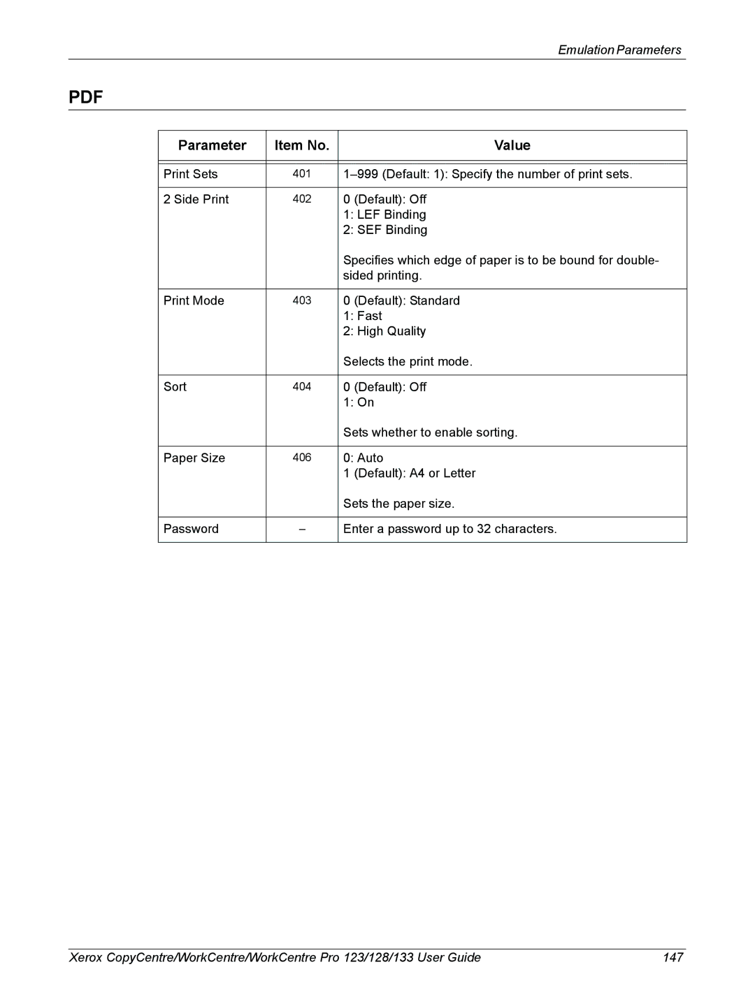 Xerox 604P18057 manual Parameter Item No Value 