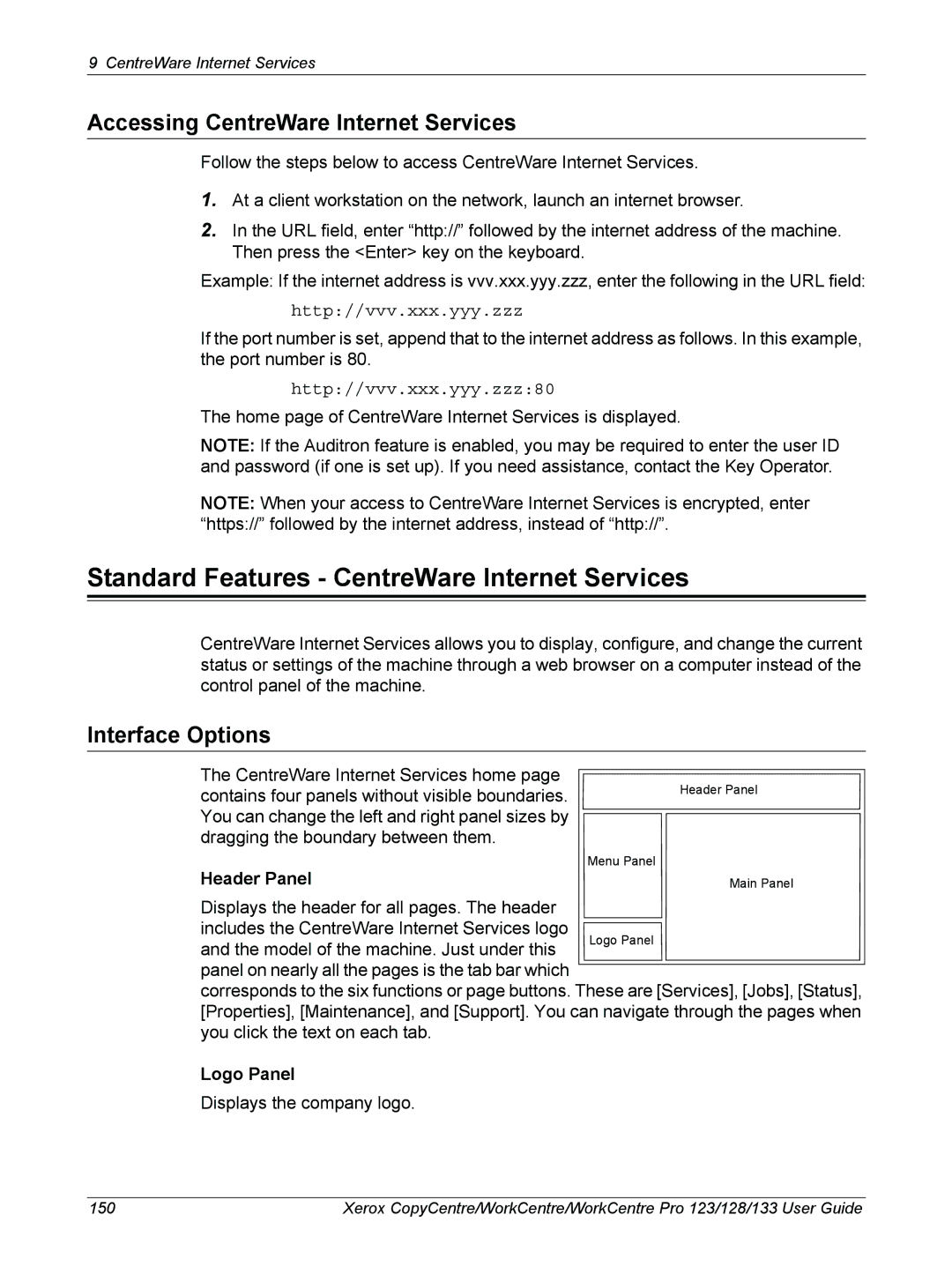 Xerox 604P18057 Standard Features CentreWare Internet Services, Accessing CentreWare Internet Services, Interface Options 