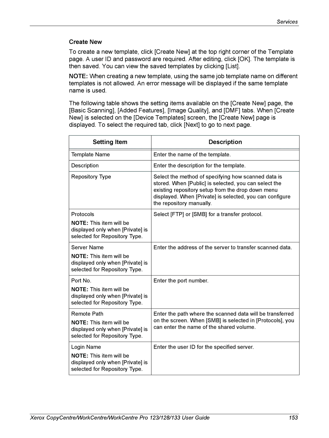 Xerox 604P18057 manual Create New, Setting Item Description 