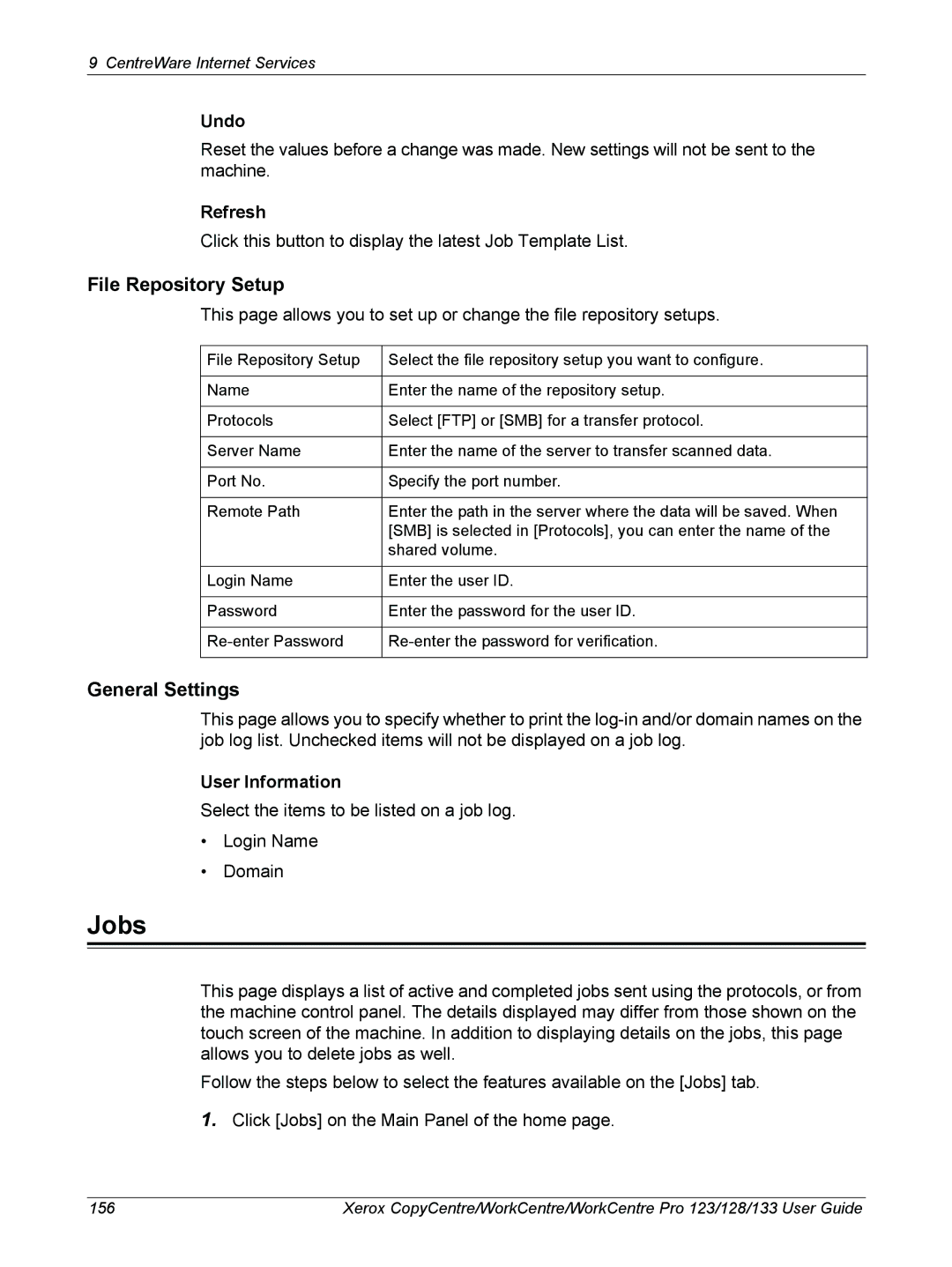 Xerox 604P18057 manual Jobs, File Repository Setup, General Settings, Undo, User Information 