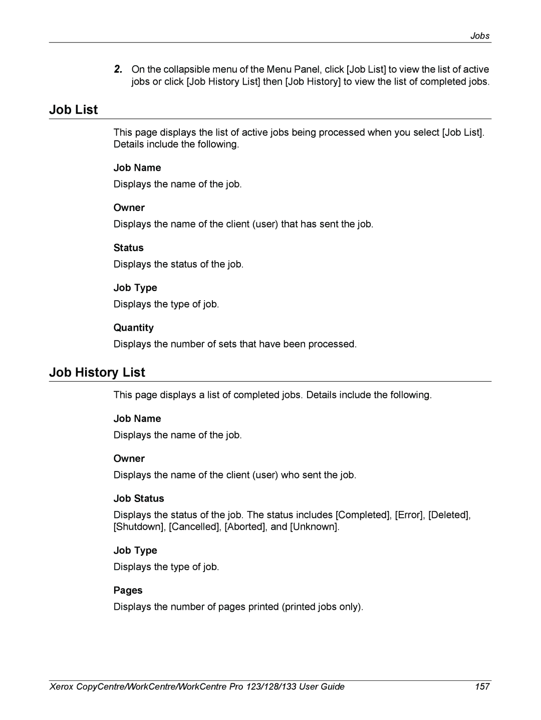 Xerox 604P18057 manual Job List, Job History List 