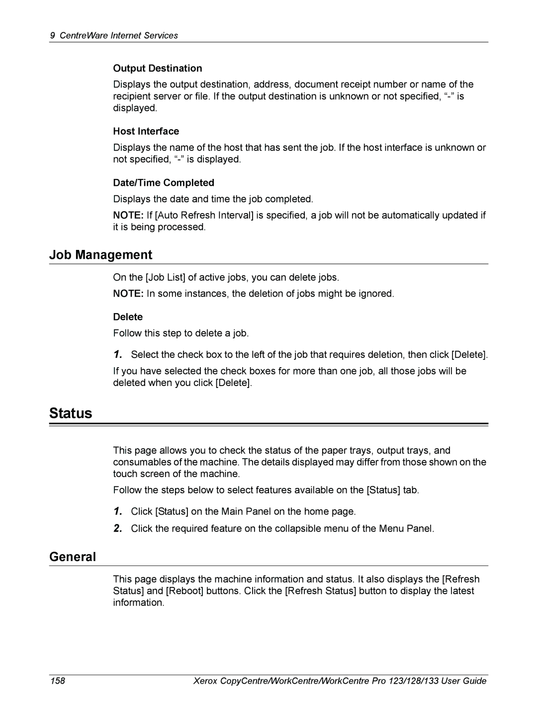 Xerox 604P18057 manual Status, Job Management, General, Host Interface, Date/Time Completed 