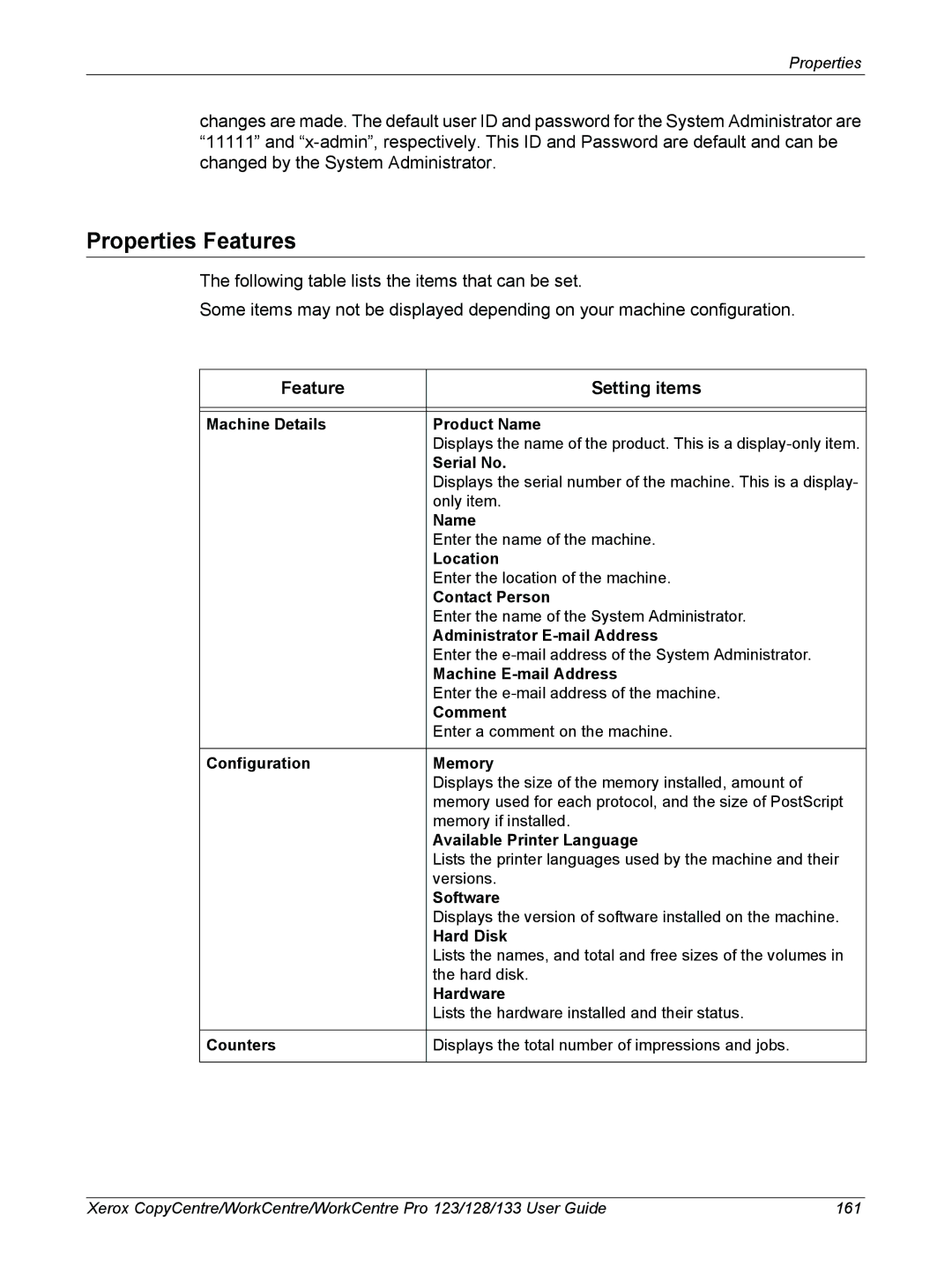 Xerox 604P18057 manual Properties Features, Feature Setting items 