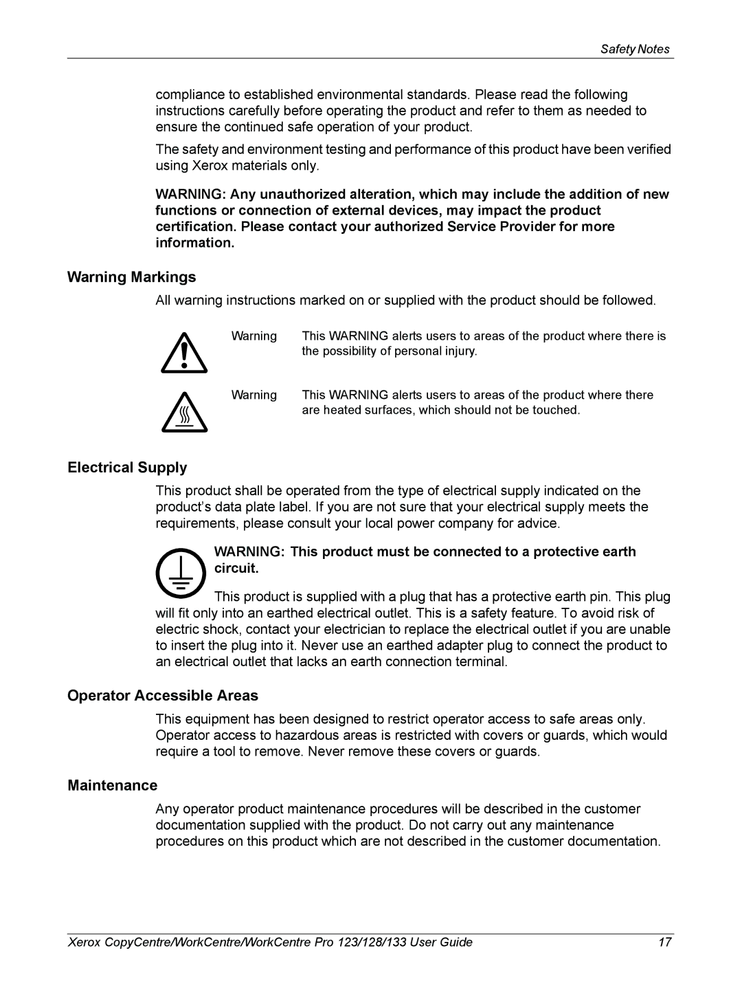 Xerox 604P18057 manual Electrical Supply, Operator Accessible Areas, Maintenance 