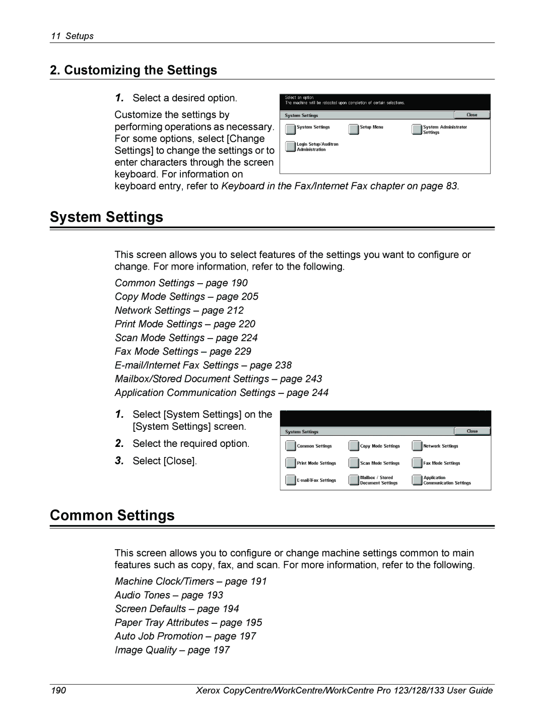 Xerox 604P18057 manual System Settings, Common Settings, Customizing the Settings 