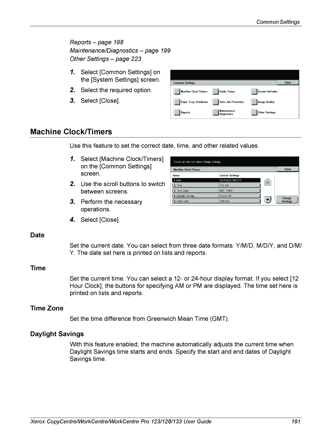 Xerox 604P18057 manual Machine Clock/Timers, Date, Time Zone, Daylight Savings 