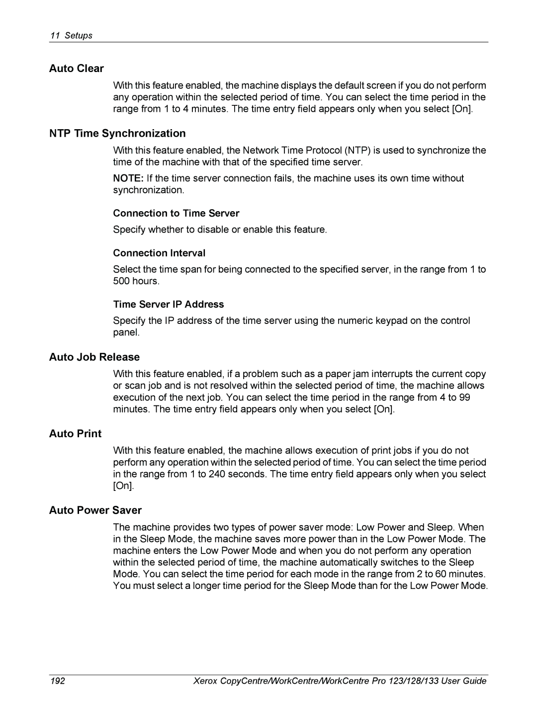 Xerox 604P18057 manual Auto Clear, NTP Time Synchronization, Auto Job Release, Auto Print, Auto Power Saver 