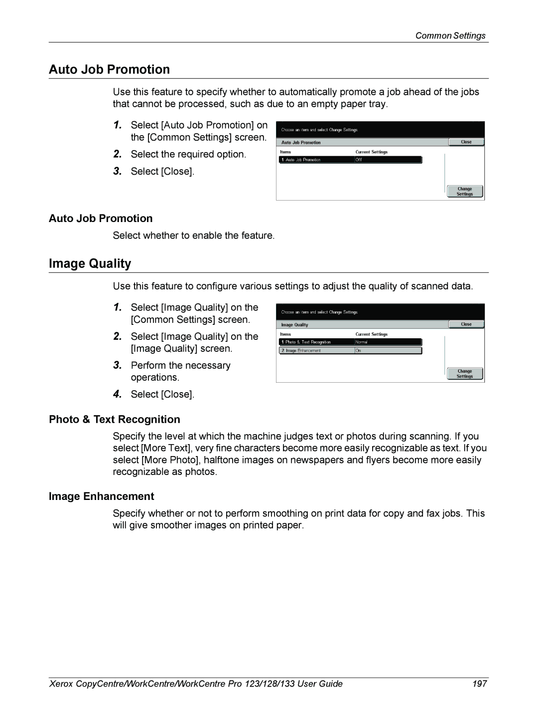 Xerox 604P18057 manual Auto Job Promotion, Image Quality, Photo & Text Recognition, Image Enhancement 