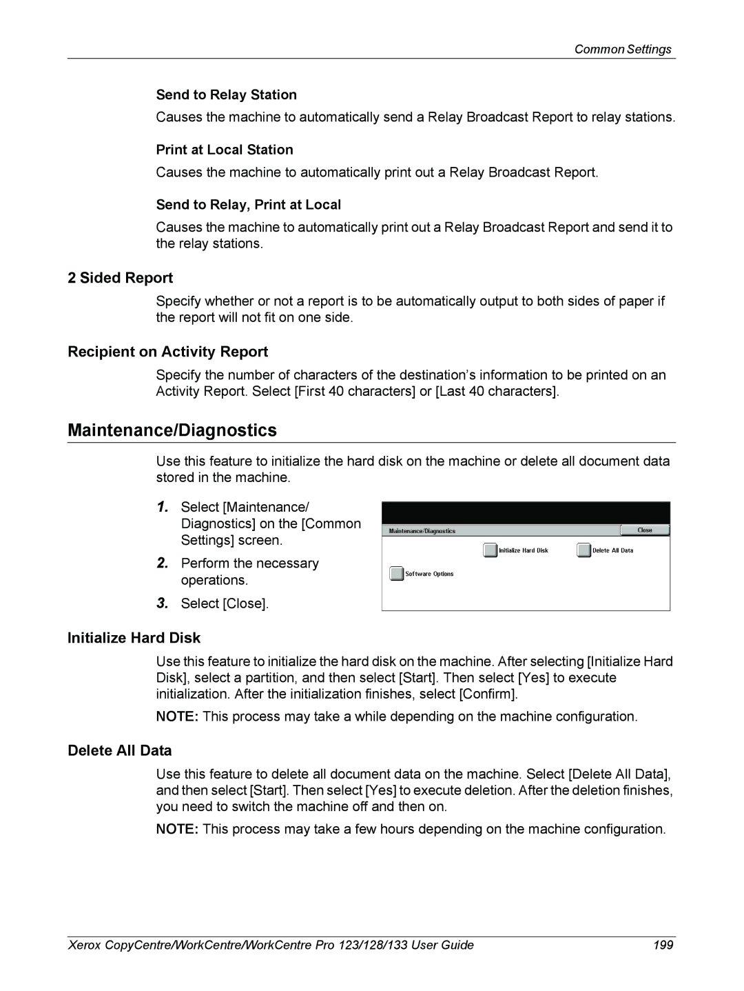 Xerox 604P18057 Maintenance/Diagnostics, Sided Report, Recipient on Activity Report, Initialize Hard Disk, Delete All Data 