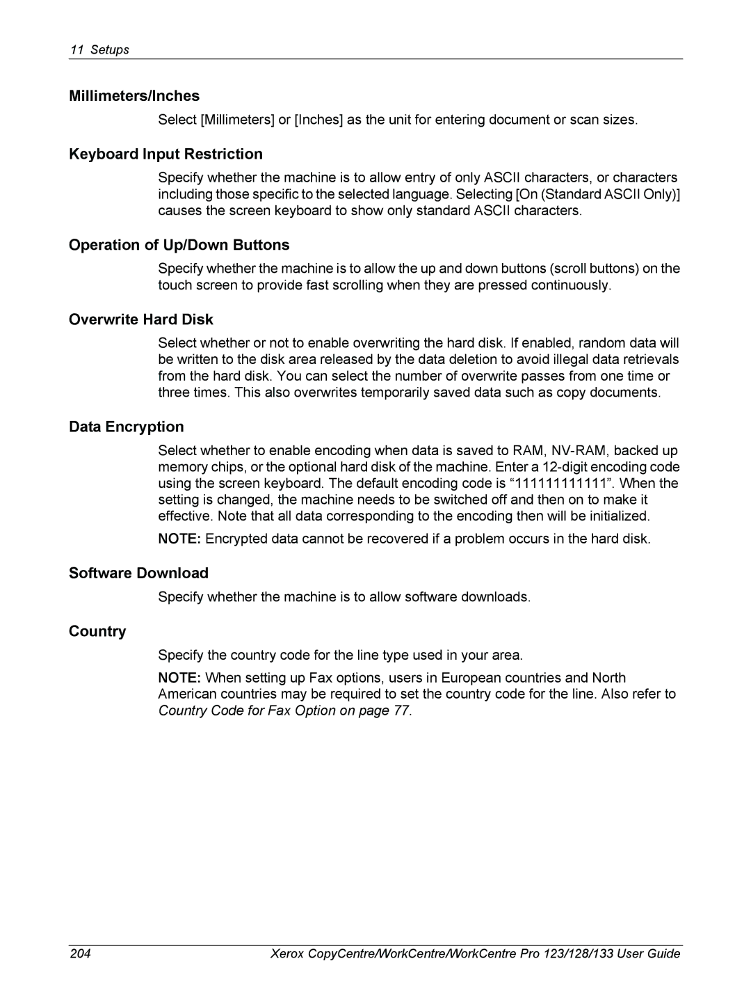 Xerox 604P18057 Millimeters/Inches, Keyboard Input Restriction, Operation of Up/Down Buttons, Overwrite Hard Disk, Country 