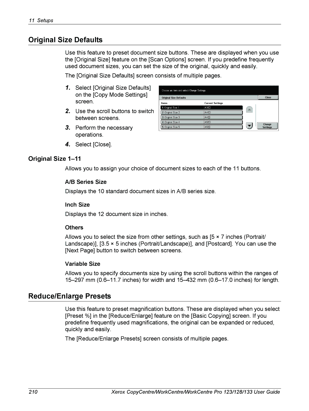 Xerox 604P18057 manual Original Size Defaults, Reduce/Enlarge Presets, Series Size 