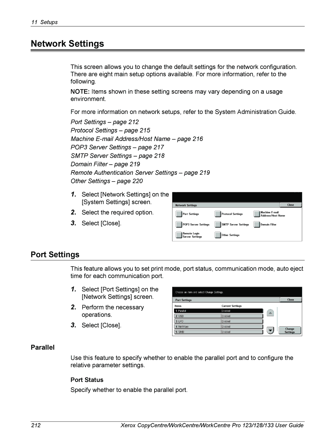 Xerox 604P18057 manual Network Settings, Port Settings, Parallel, Port Status 