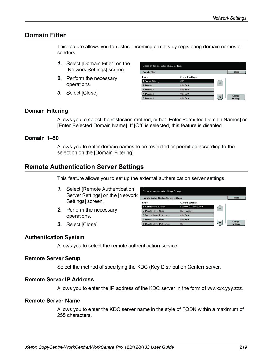 Xerox 604P18057 manual Domain Filter, Remote Authentication Server Settings 