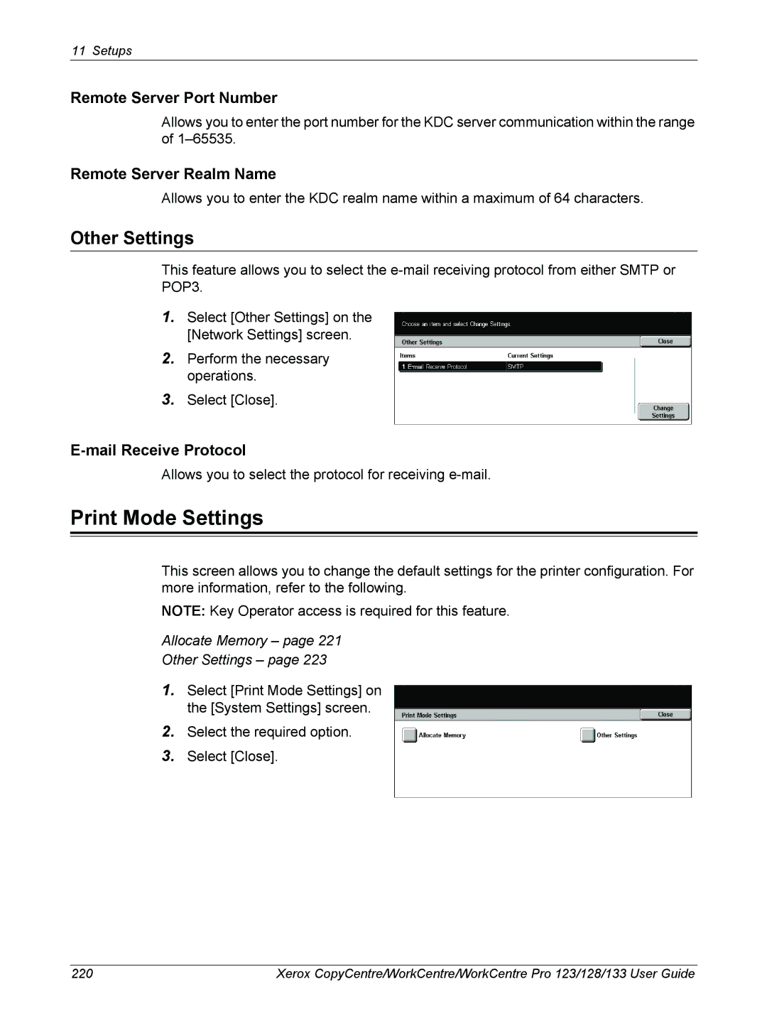 Xerox 604P18057 manual Print Mode Settings, Remote Server Port Number, Remote Server Realm Name, Mail Receive Protocol 