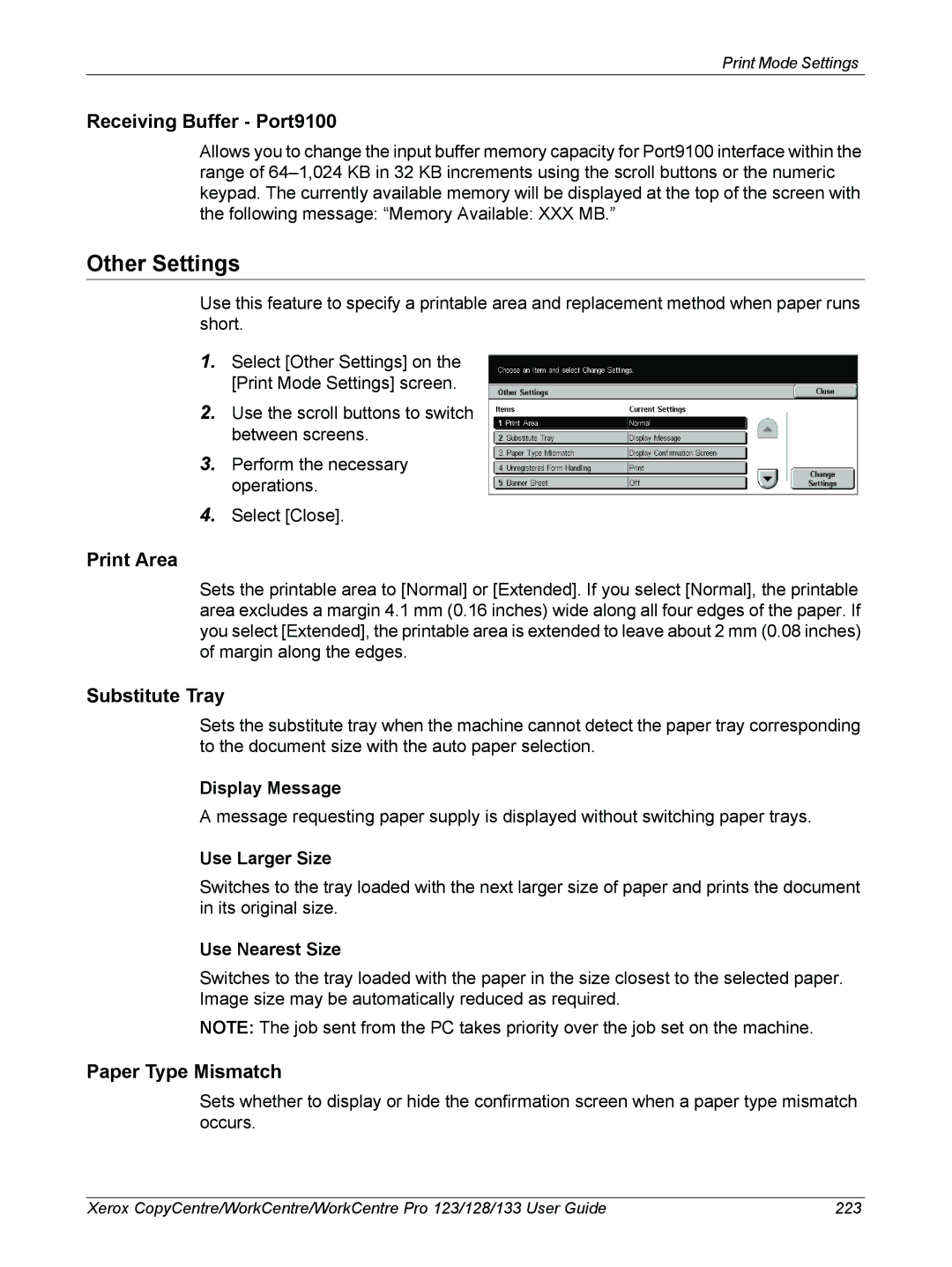 Xerox 604P18057 manual Receiving Buffer Port9100, Print Area, Substitute Tray, Paper Type Mismatch 