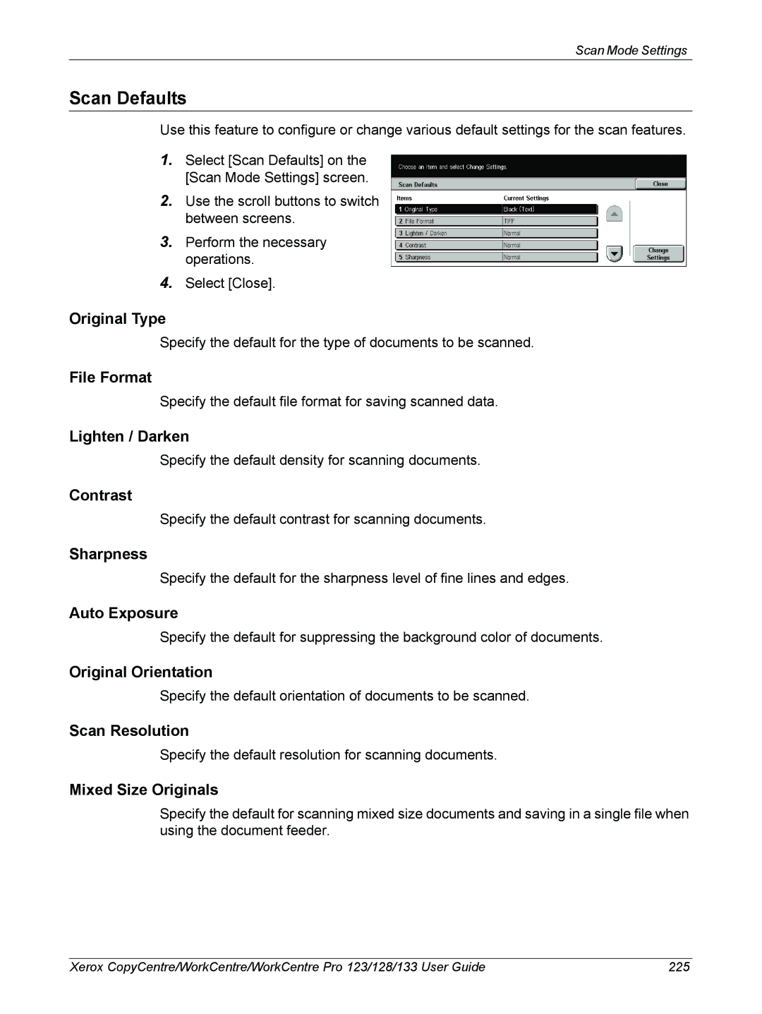 Xerox 604P18057 manual Scan Defaults, File Format, Lighten / Darken, Contrast, Scan Resolution 