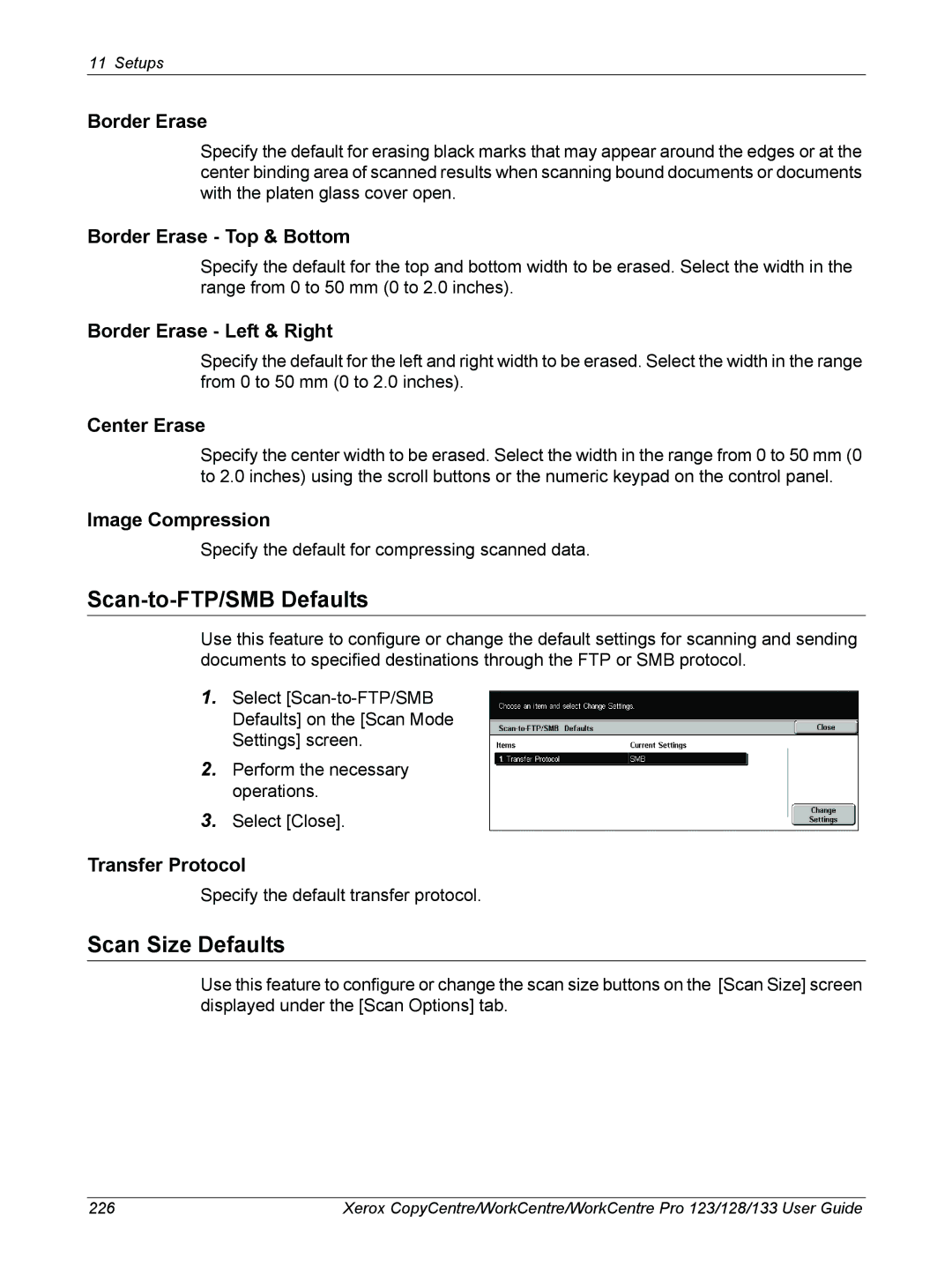 Xerox 604P18057 manual Scan-to-FTP/SMB Defaults, Scan Size Defaults, Border Erase, Image Compression, Transfer Protocol 