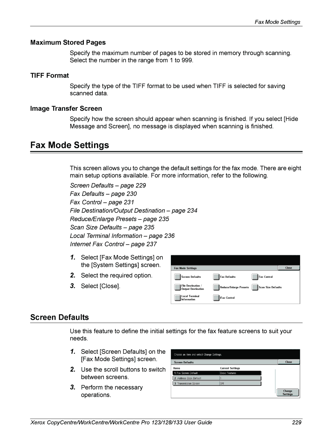 Xerox 604P18057 manual Fax Mode Settings, Tiff Format, Image Transfer Screen 