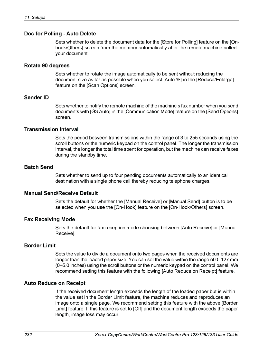 Xerox 604P18057 Doc for Polling Auto Delete, Rotate 90 degrees, Sender ID, Transmission Interval, Batch Send, Border Limit 