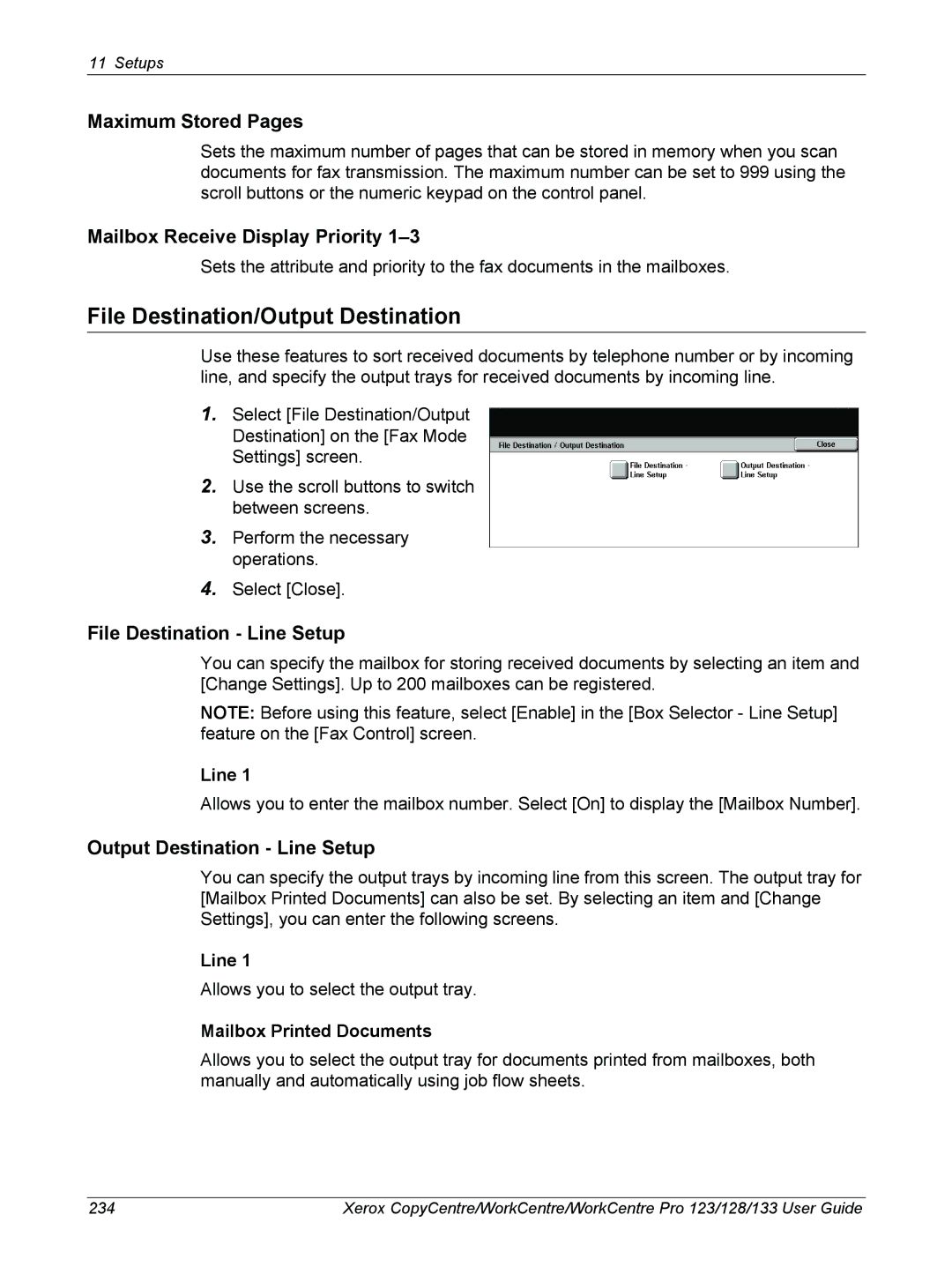 Xerox 604P18057 manual File Destination/Output Destination, Mailbox Receive Display Priority, File Destination Line Setup 