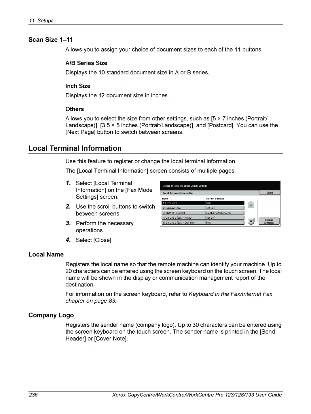 Xerox 604P18057 manual Local Terminal Information, Scan Size, Local Name, Company Logo 