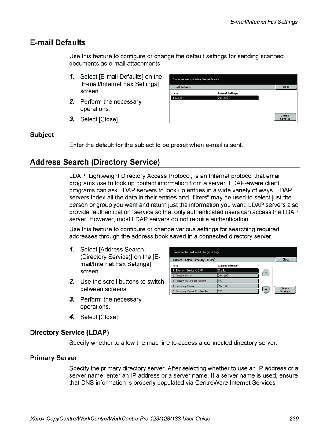 Xerox 604P18057 manual Mail Defaults, Address Search Directory Service, Subject, Directory Service Ldap, Primary Server 