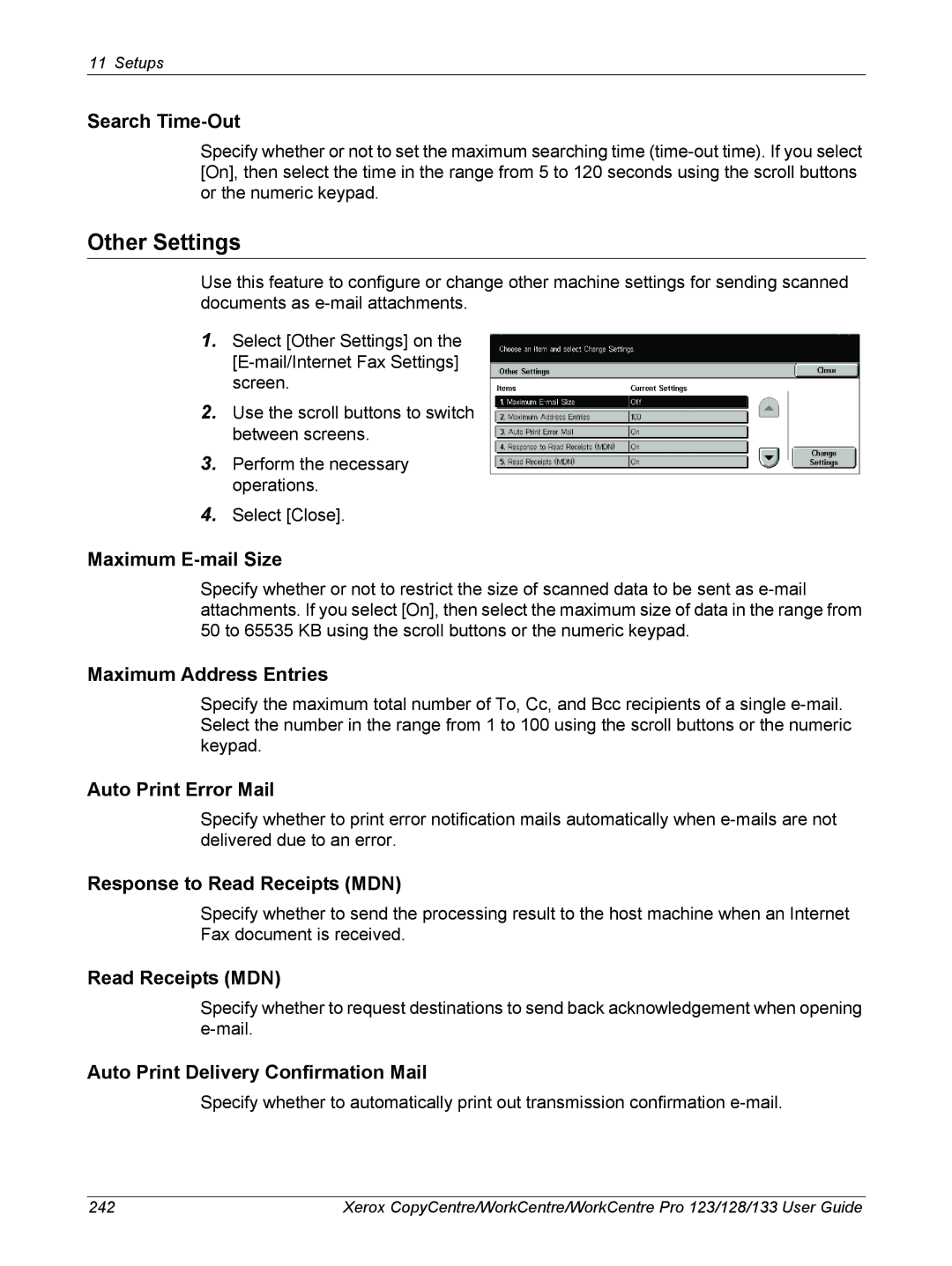 Xerox 604P18057 Search Time-Out, Maximum E-mail Size, Maximum Address Entries, Auto Print Error Mail, Read Receipts MDN 