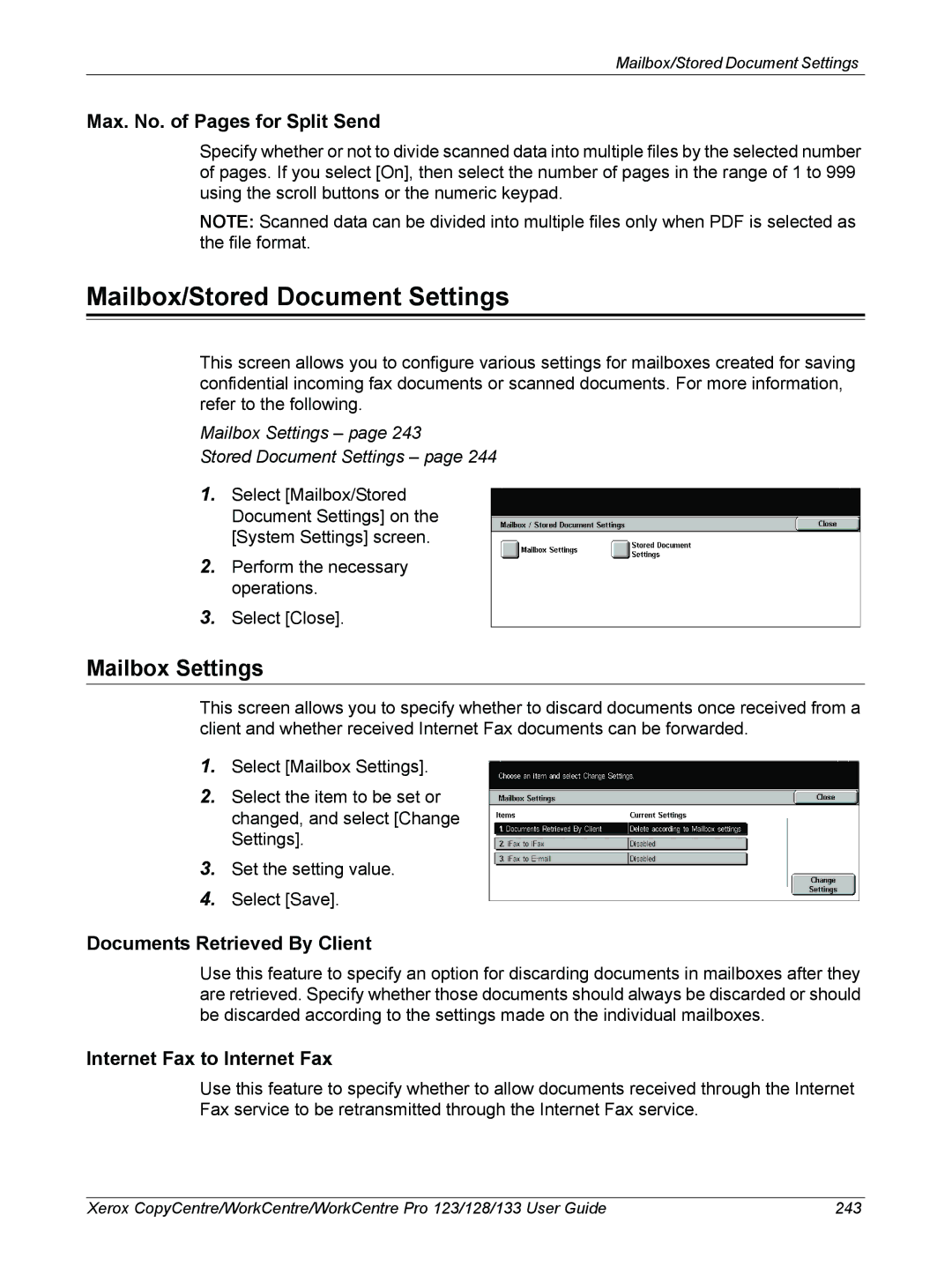 Xerox 604P18057 manual Mailbox/Stored Document Settings, Mailbox Settings, Max. No. of Pages for Split Send 