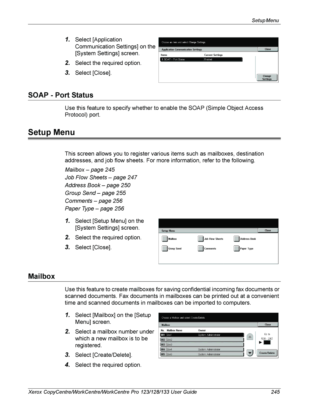 Xerox 604P18057 manual Setup Menu, Soap Port Status, Mailbox 