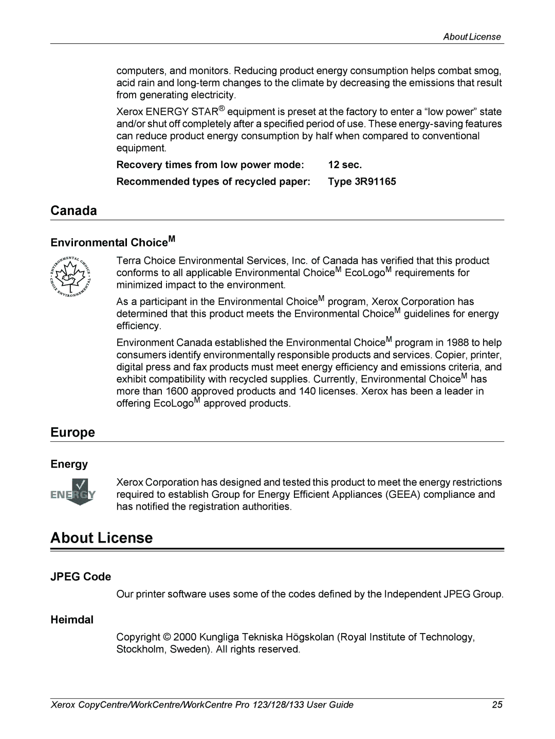 Xerox 604P18057 manual About License, Canada, Europe 