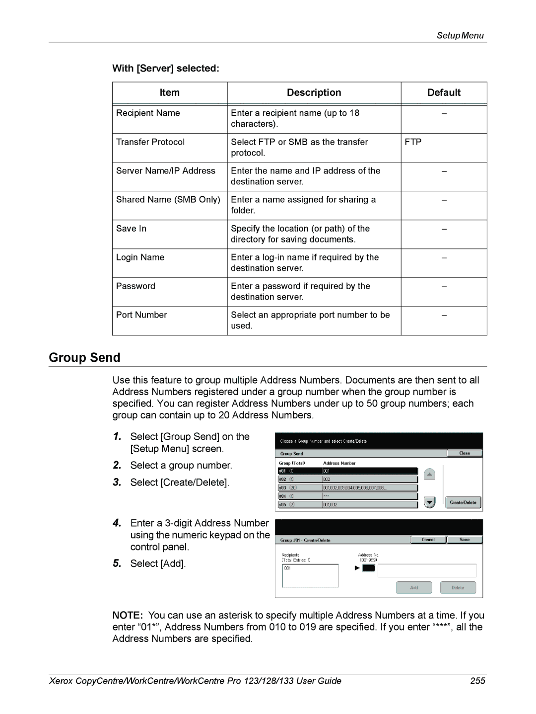 Xerox 604P18057 manual Group Send, With Server selected Description 