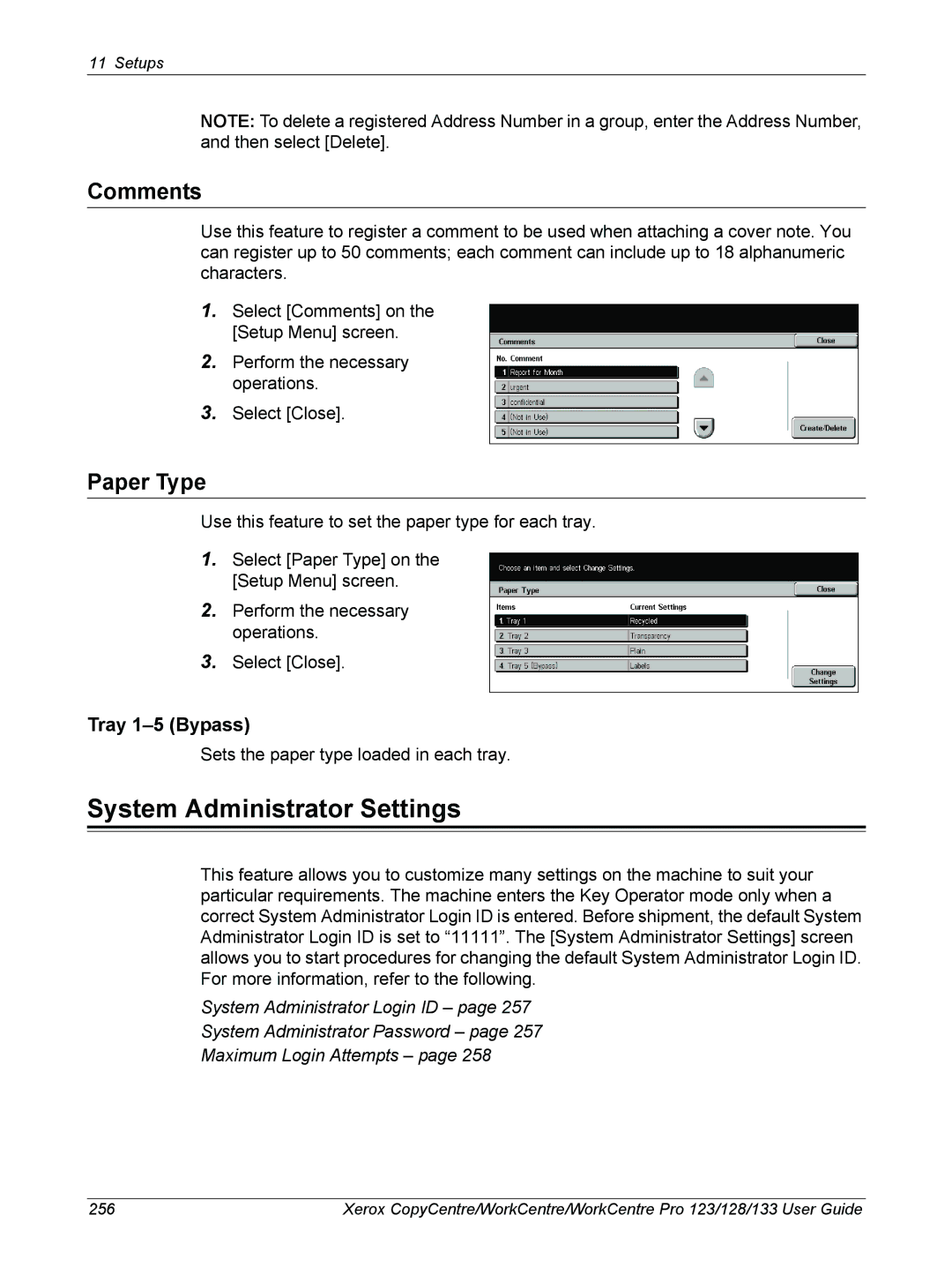 Xerox 604P18057 manual System Administrator Settings, Comments, Paper Type, Tray 1-5 Bypass 