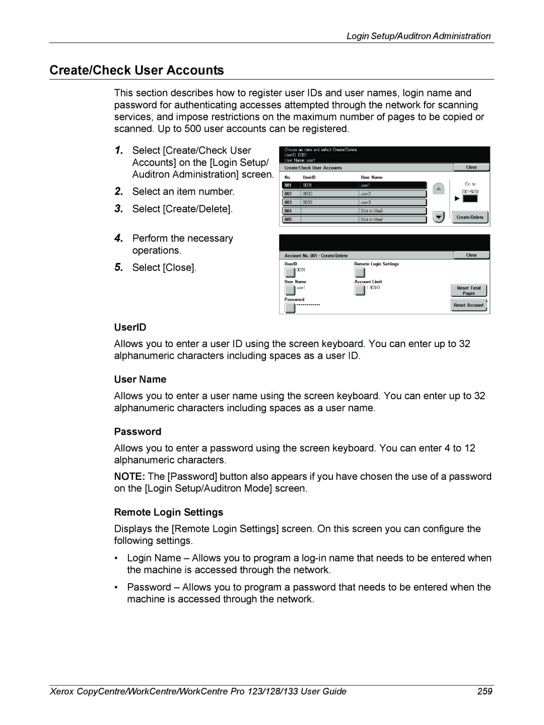 Xerox 604P18057 manual Create/Check User Accounts, UserID, User Name, Remote Login Settings 