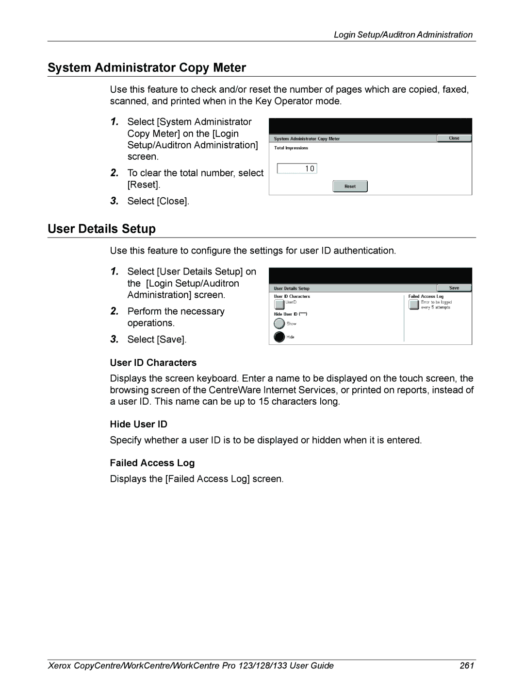 Xerox 604P18057 System Administrator Copy Meter, User Details Setup, User ID Characters, Hide User ID, Failed Access Log 