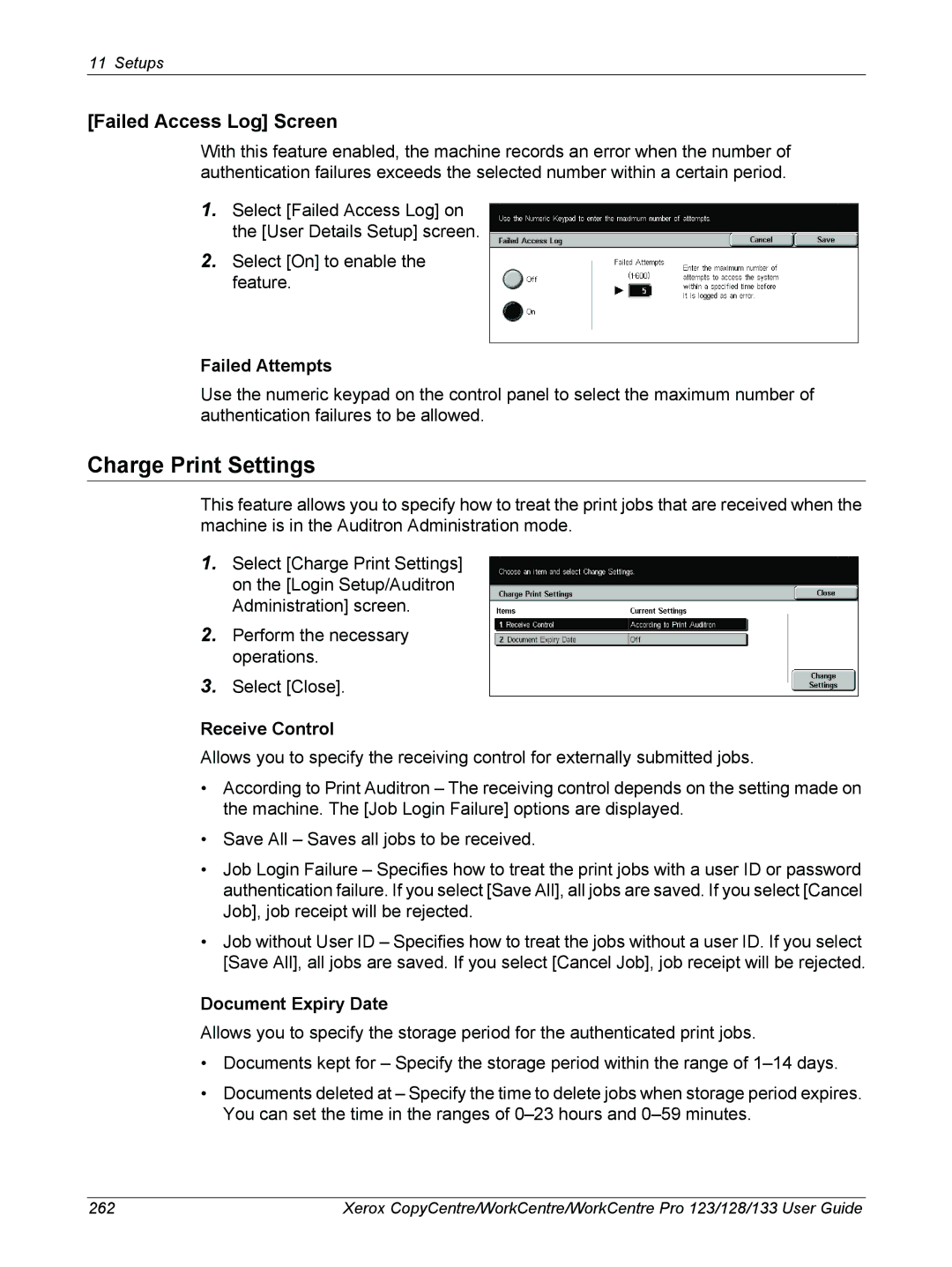 Xerox 604P18057 Charge Print Settings, Failed Access Log Screen, Failed Attempts, Receive Control, Document Expiry Date 