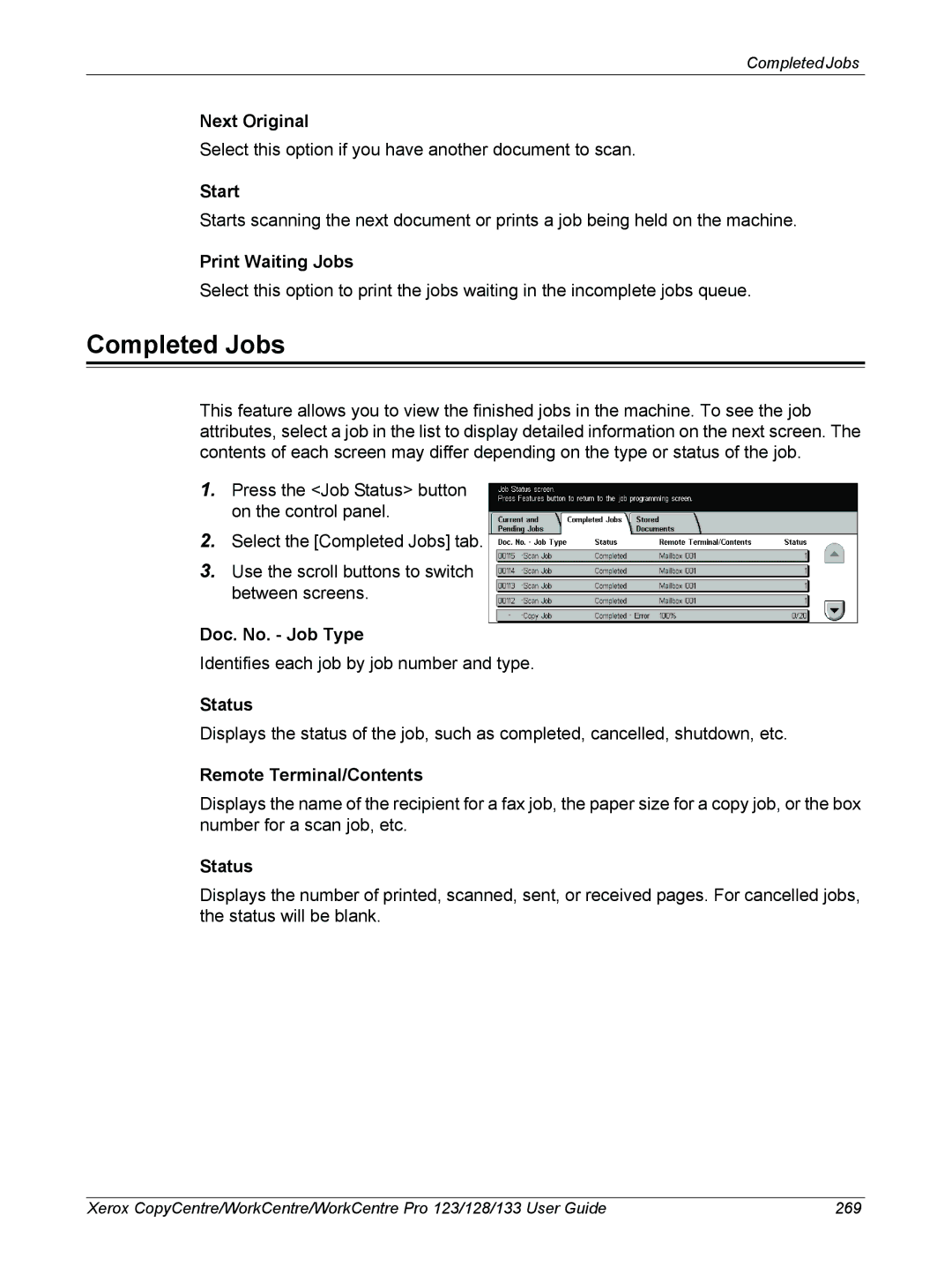 Xerox 604P18057 manual Completed Jobs, Print Waiting Jobs 