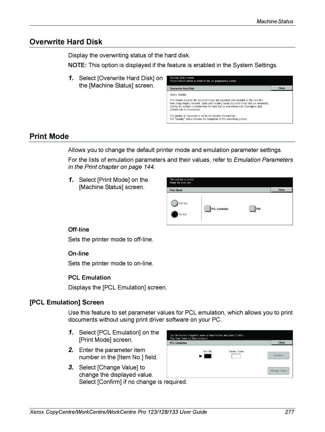 Xerox 604P18057 manual Overwrite Hard Disk, Print Mode, PCL Emulation Screen 