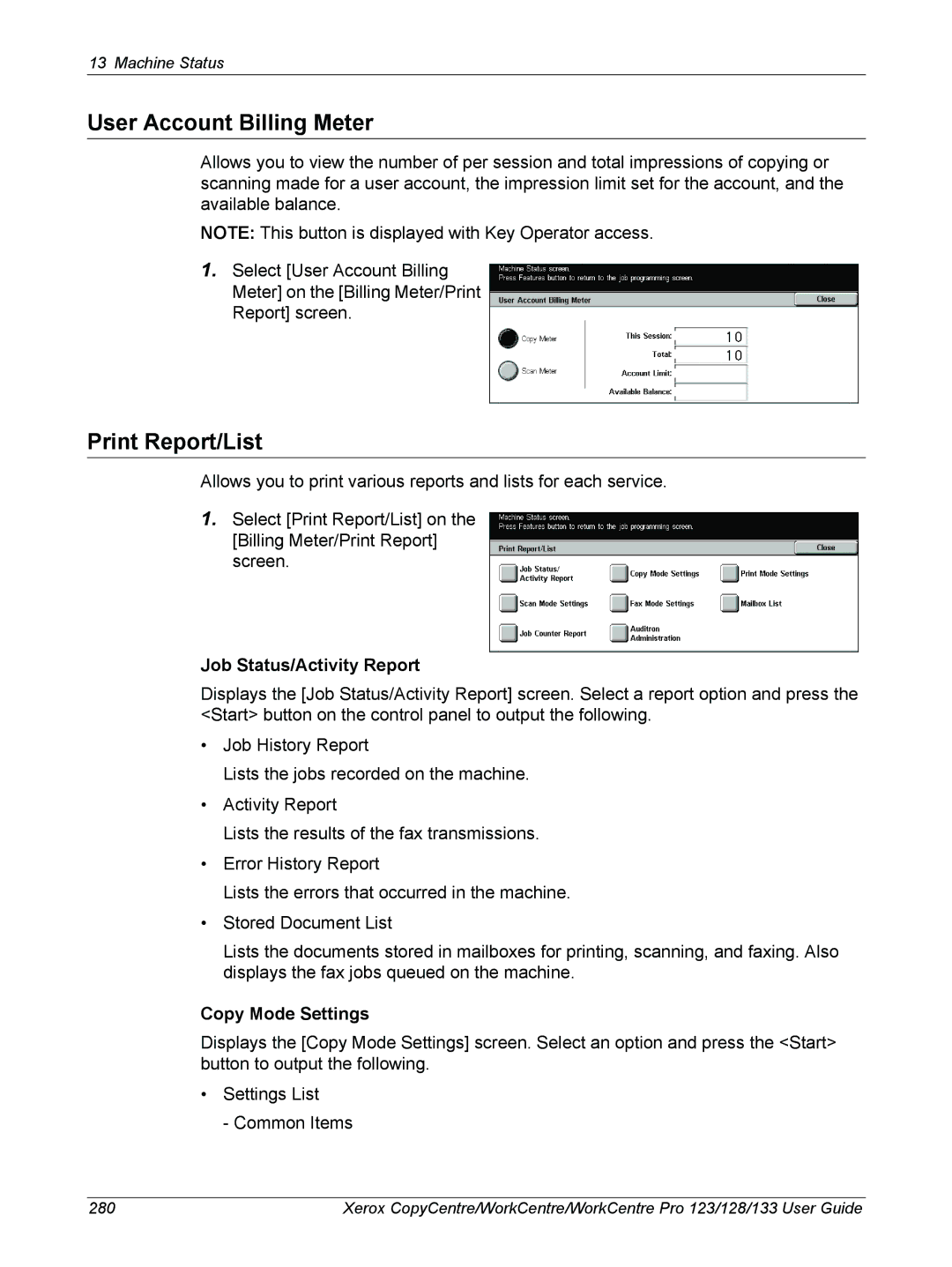 Xerox 604P18057 manual User Account Billing Meter, Print Report/List, Job Status/Activity Report, Copy Mode Settings 