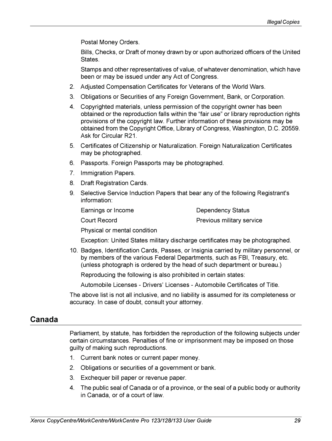 Xerox 604P18057 manual Illegal Copies 