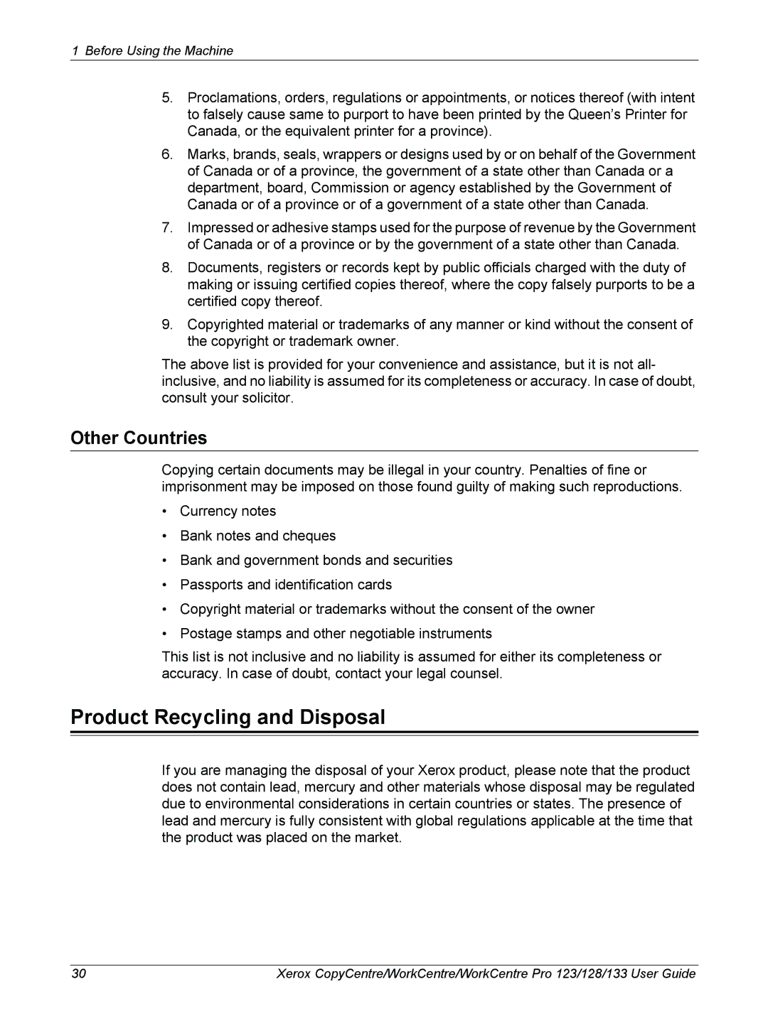 Xerox 604P18057 manual Product Recycling and Disposal, Other Countries 