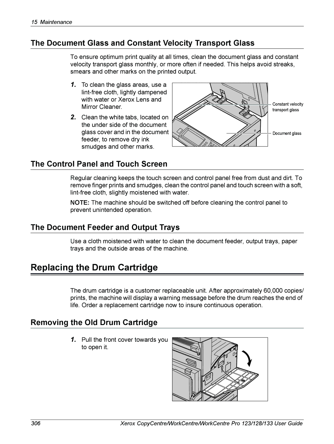 Xerox 604P18057 manual Replacing the Drum Cartridge, Document Glass and Constant Velocity Transport Glass 