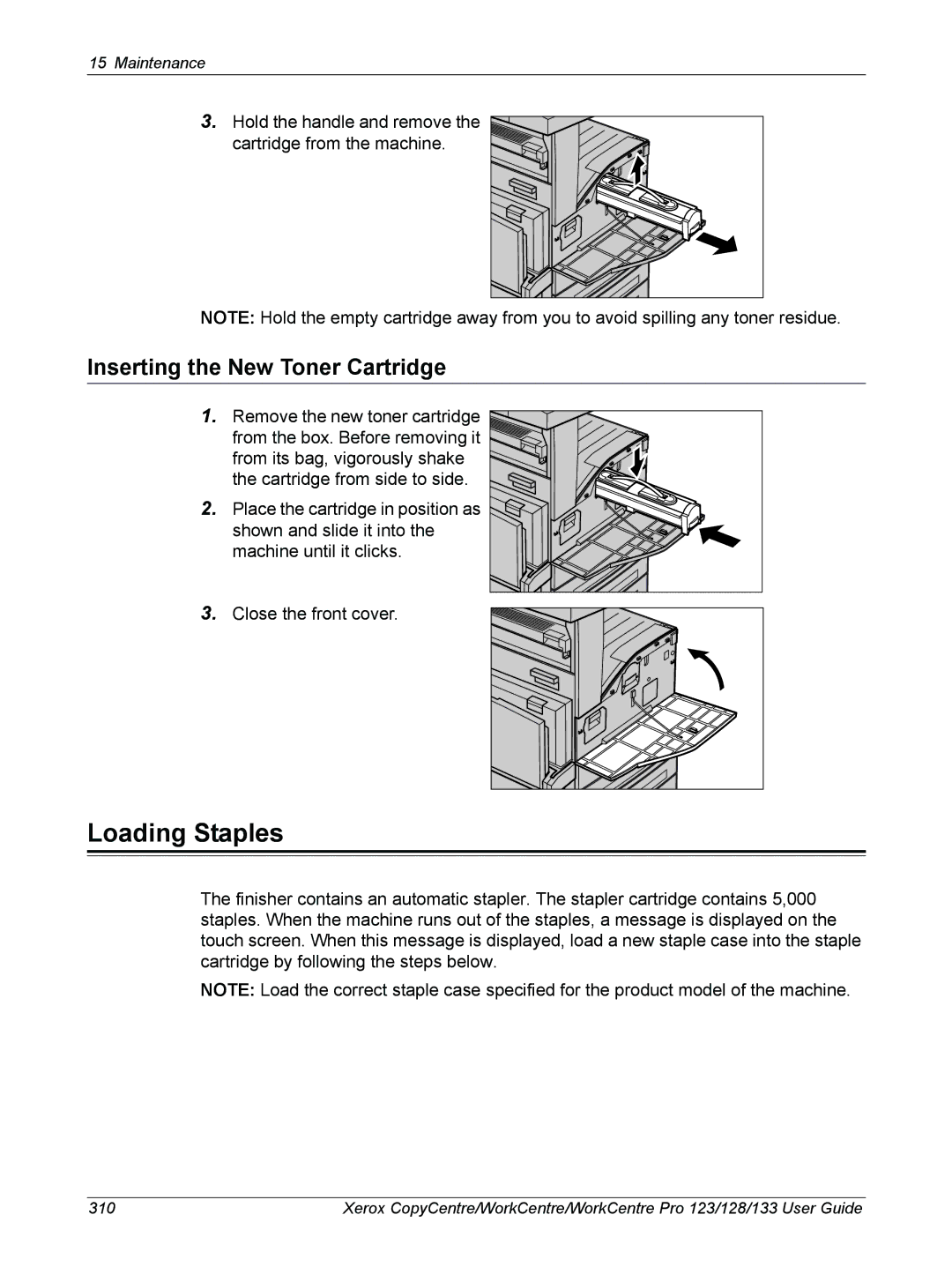 Xerox 604P18057 manual Loading Staples, Inserting the New Toner Cartridge 