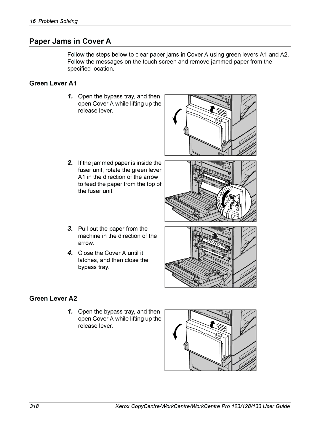 Xerox 604P18057 manual Paper Jams in Cover a, Green Lever A1, Green Lever A2 