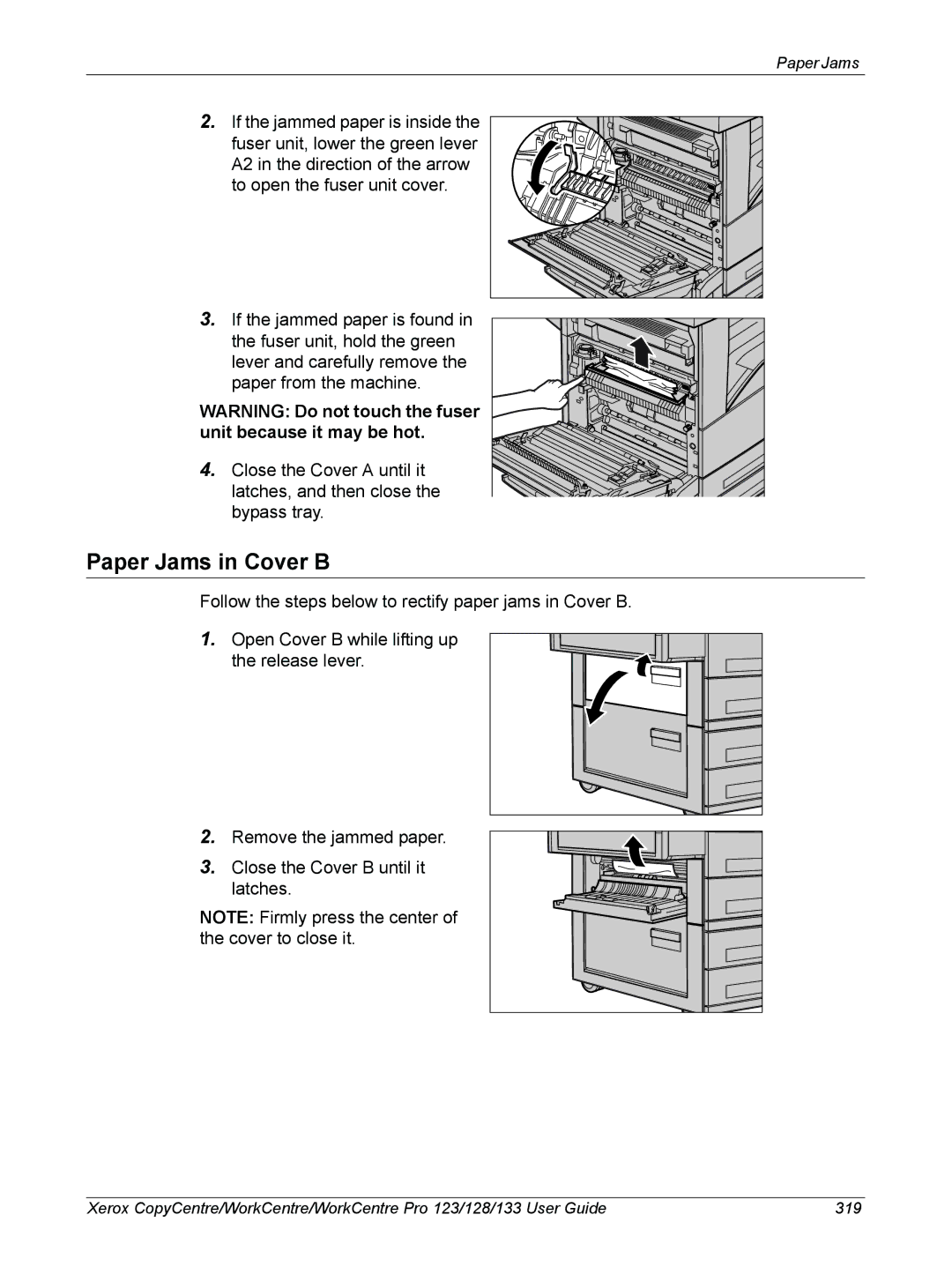 Xerox 604P18057 manual Paper Jams in Cover B 