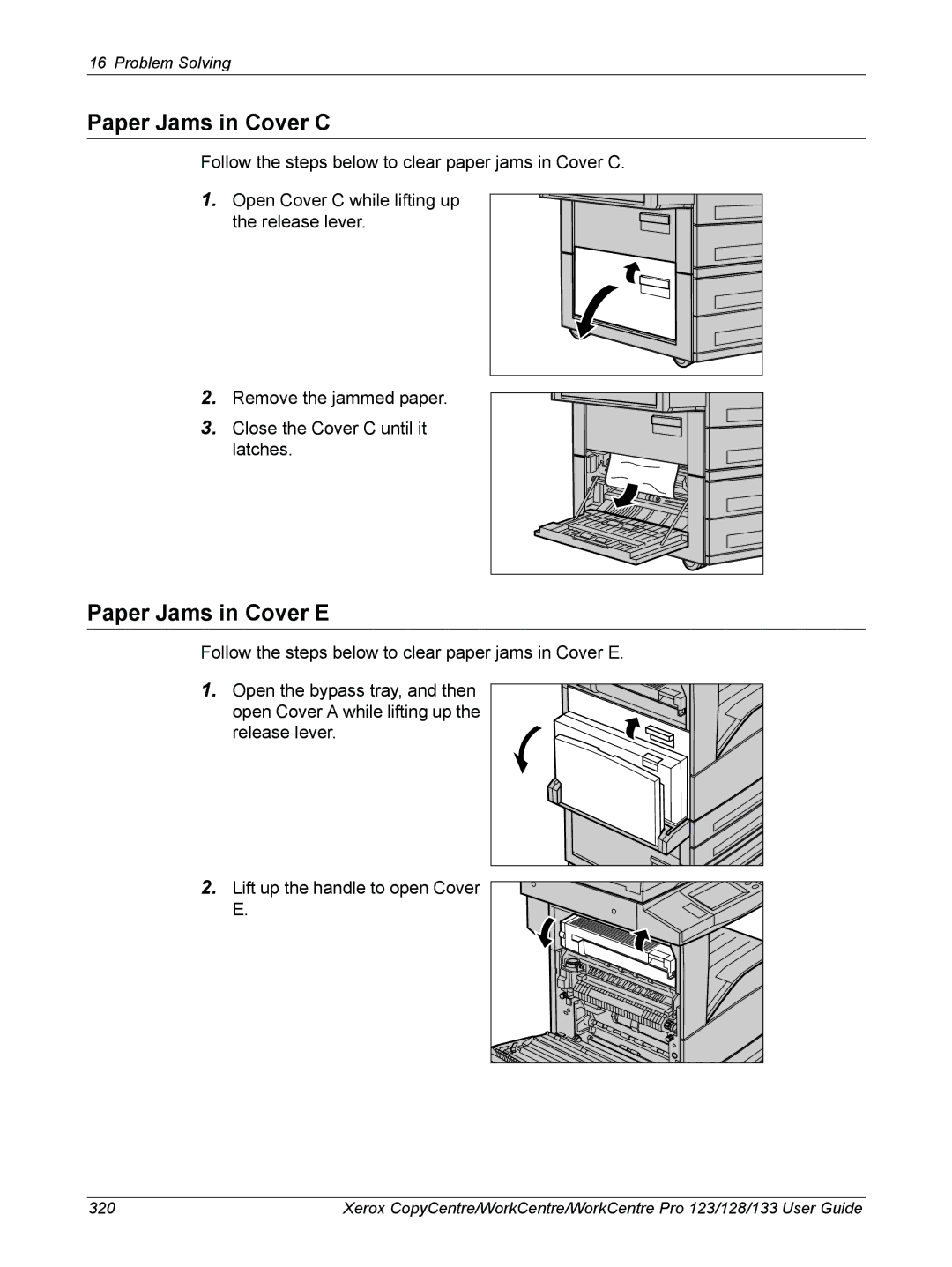 Xerox 604P18057 manual Paper Jams in Cover C, Paper Jams in Cover E 