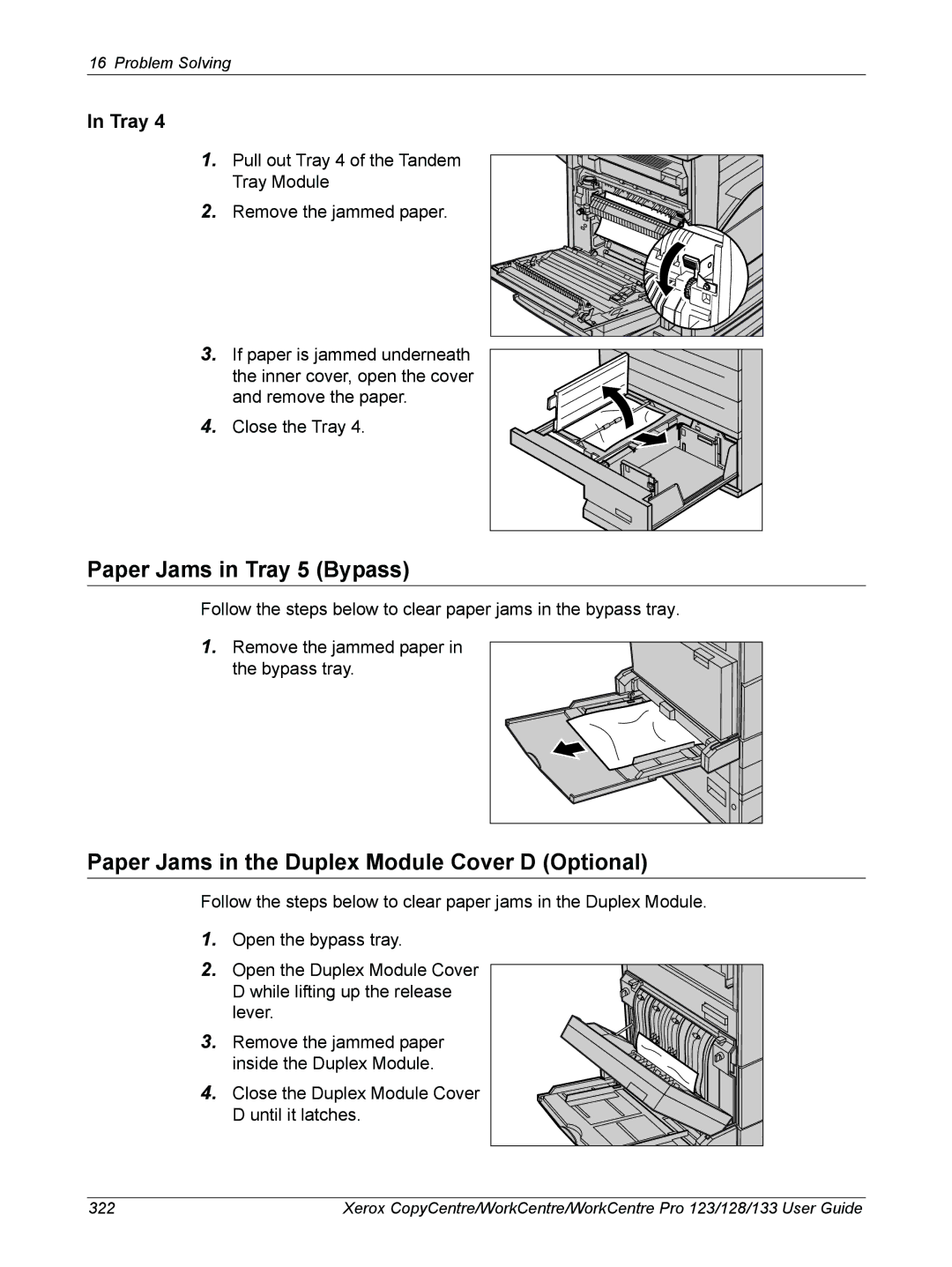 Xerox 604P18057 manual Paper Jams in Tray 5 Bypass, Paper Jams in the Duplex Module Cover D Optional 