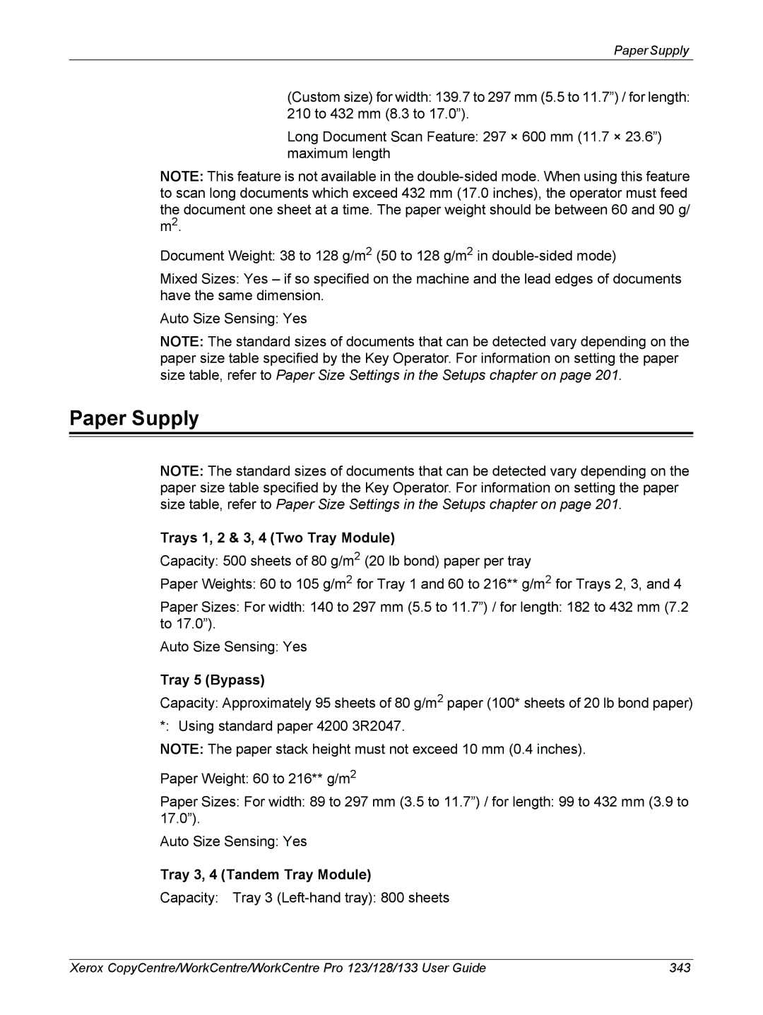 Xerox 604P18057 manual Paper Supply, Trays 1, 2 & 3, 4 Two Tray Module, Tray 5 Bypass, Tray 3, 4 Tandem Tray Module 